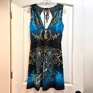 Blue and Black Sleeveless Dress with Graphic Design
